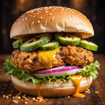 Tasty burger with tomato, and pickles, close up shot on wooden table