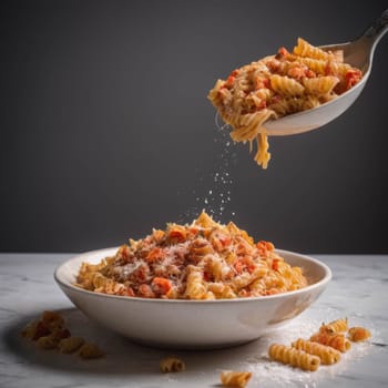 Italian pasta mixed with vegetables, pouring in bowl. Delicious