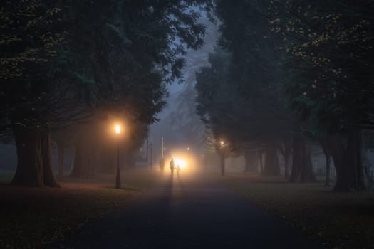 Blurred silhouette of people illuminated by bright lights, that walks in fog on road surrounded by trees and street lamps, Phoenix Park Dublin Ireland