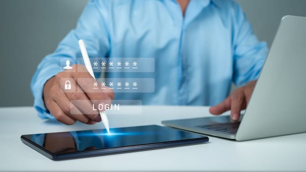 Cyber security and password login concept, Hands uses computer and entering username and password of data network, log in with laptop to digital information system, Online data protection concept