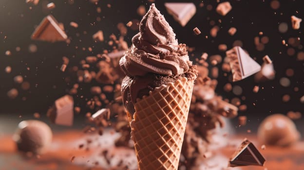 Chocolate ice cream cone with icing and falling chocolate pieces. Delicious chocolate.AI generated