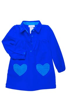 Summer dress isolated. A beautiful blue girls dress with attached heart shaped pockets and long sleeves isolated. Clipping path. Kids spring and autumn fashion.