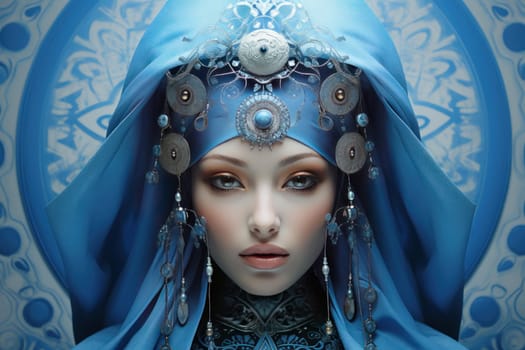 Asian woman blue ceramic wall. Design pot. Generate Ai