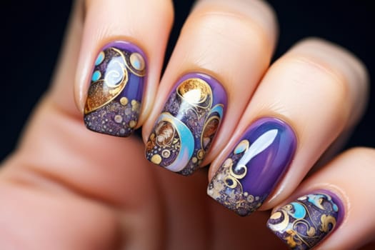 Colorful Hand boho manicure nails. Model design. Generate Ai