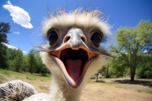 Humorous Ostrich selfie funny head. Nature eye bird. Generate Ai