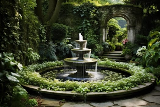 Tranquil Outdoor fountain waterfall. Home summer decor. Generate Ai