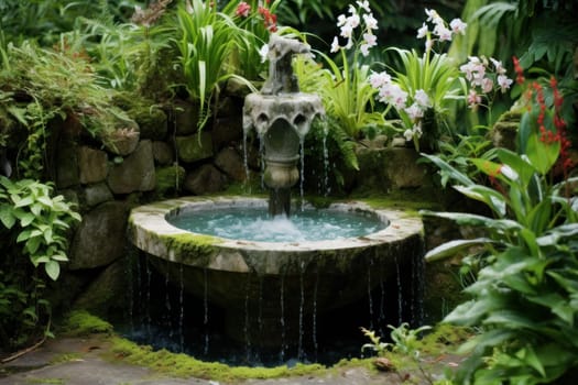 Scenic Outdoor fountain waterfall. Home summer decor. Generate Ai