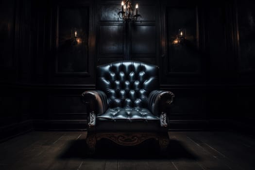 Chair in dark room near window with overlooking garden. Vintage armchair with colorful plaid with nature oversight. Generate ai