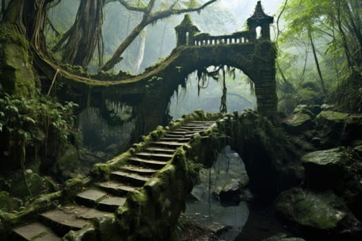 Serene Oriental forest bridge. Oriental architecture. Generate Ai