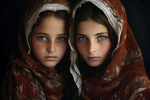 Joyous Smiling Pakistani twin girls. Little female children in traditional Pakistani clothing and jewelry. Generate ai
