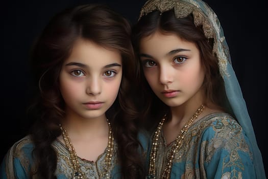 Smiling Pakistani twin girls. Little female children in traditional Pakistani clothing and jewelry. Generate ai