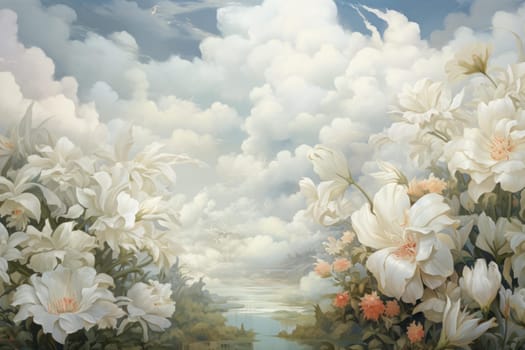 Luminous White florals vines clouds petal. Blossom color. Generate AI