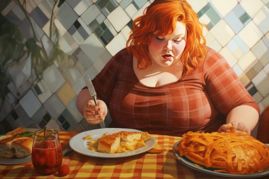 Overweight woman eating. Home large face. Generate Ai