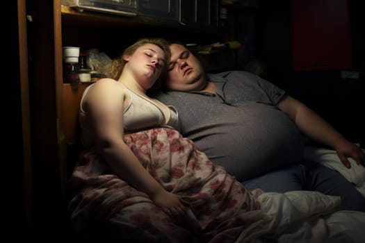 Overweight couple sleeping well. Room person. Generate Ai