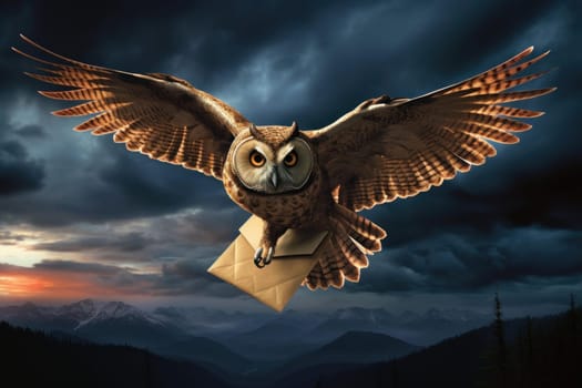 Nocturnal Owl fly envelope. Postmark bird. Generate Ai