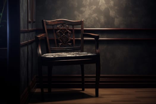Contemplative Chair in dark room near window with overlooking garden. Vintage armchair with colorful plaid with nature oversight. Generate ai