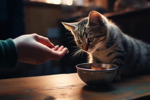 Caring Owner feeding cute cat at home. Breed nutrition. Generate Ai