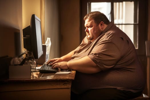 Diligent Fat man computer night work. Home music. Generate Ai