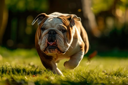 English bulldog running and playing in the woods. AI generated