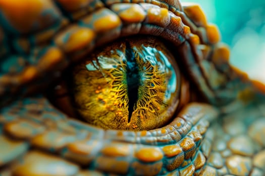 Close up of a dragon eye in yellow and blue colors. AI generated