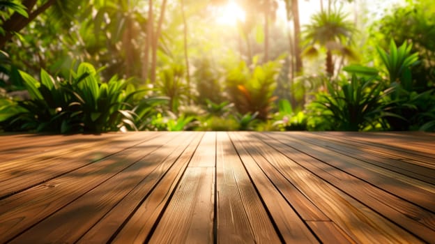 Empty wooden terrace.There are wood plank floor with tropical trees garden background. AI generated