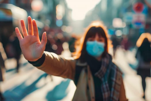 Young woman wearing medical face mask showing gesture Stop - keep social distance while coronavirus epidemic. Epidemic outbreak prevention. AI generated