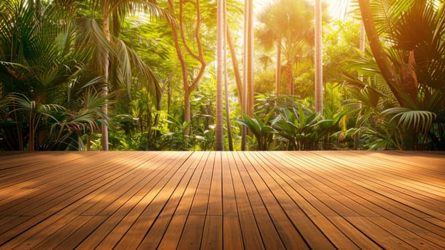 Empty wooden terrace.There are wood plank floor with tropical  trees garden background, sunlight shine on the trees. AI generated