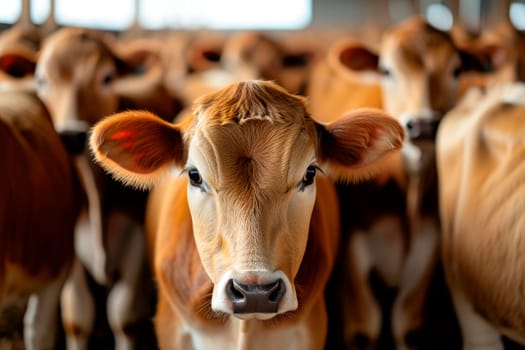 Dairy farm livestock industry. Curious group of calves. AI generated