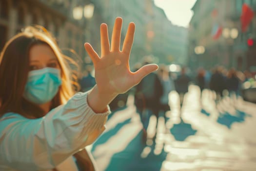 A woman hand in gesture of stop, arm extended, woman's face with surgical disposable mask. Epidemic outbreak prevention. AI generated