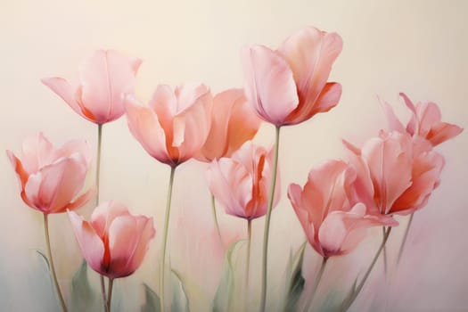 Painting tulips. Art pink plant. Generate Ai