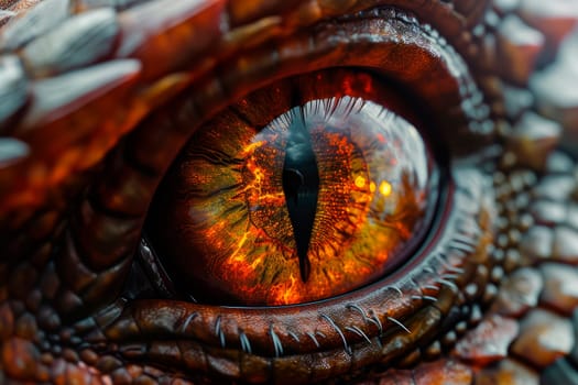 Close up of a dragon eye in orange and red colors. AI generated