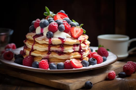 Sweet Pancakes fruits chocolate. Meal lunch. Generate Ai