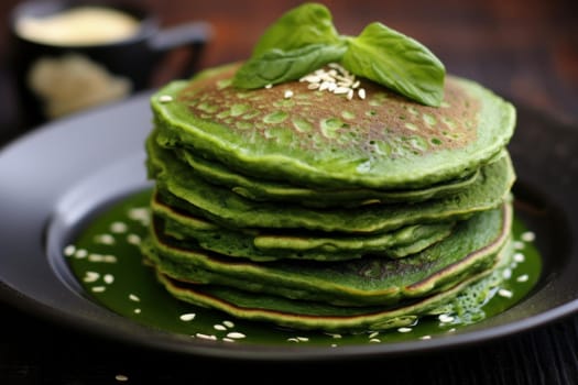 Hot pancakes with green spinach. Tasty eating. Generate Ai