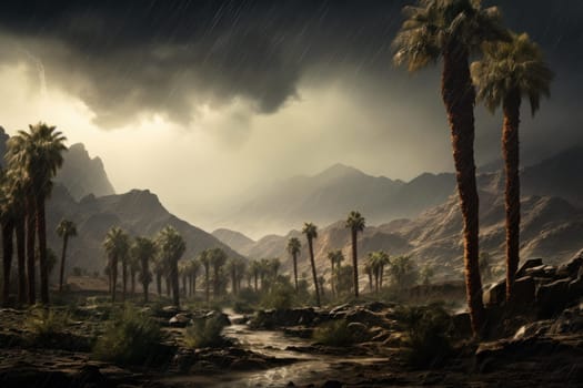 Tropical palm on mountain in rainy weather. Exotic natural tree on dark rain clouds view. Generate ai