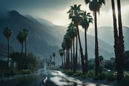 Exotic Tropical palm on mountain in rainy weather. Exotic natural tree on dark rain clouds view. Generate ai