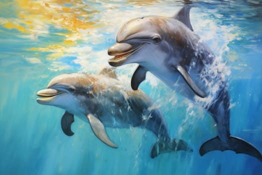 Intelligent Pair loving dolphins. Ocean fun. Generate Ai
