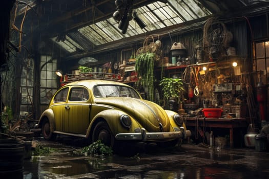 Skilled Man car painting car workshop. Auto work mask painter gun. Generate Ai