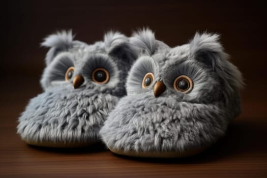 Pair of grey slippers on floor. Cozy foot clean man texture. Generate Ai