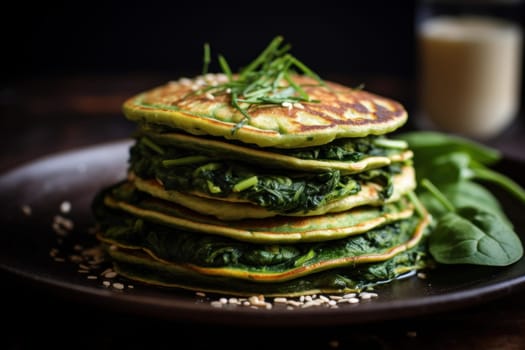 Heartwarming Hot pancakes with green spinach. Tasty eating. Generate Ai