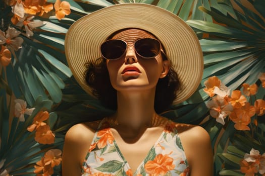 Tropical Palm woman summer. Woman sun beach. Generate Ai