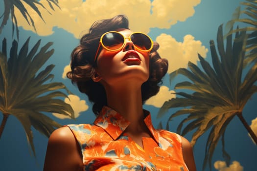 Palm woman summer. Woman sun beach. Generate Ai