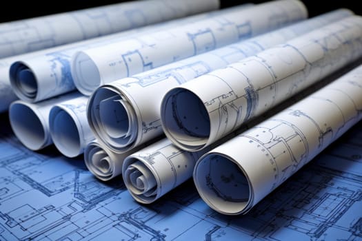 Paper blueprints rolls engineer. Project house. Generate Ai