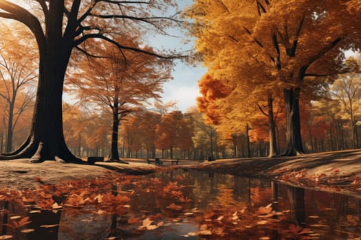 Tranquil Panoramic autumn park with benches. Outdoor yellow fall autumnal parkland. Generate ai