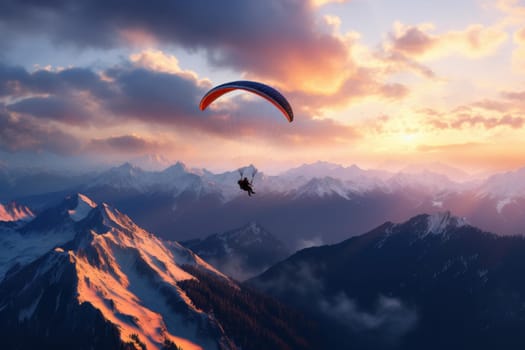 Serene Paragliders mountains sunset background. Extreme sport. Generate Ai