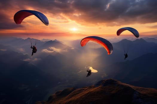 Scenic Paragliders mountains sunset background. Extreme sport. Generate Ai