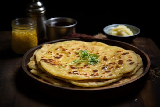 Flaky Parantha ghee. India wheat bread. Generate Ai