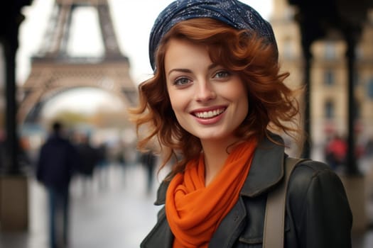 Cheerful Paris smiling woman. Elegant model. Generate AI