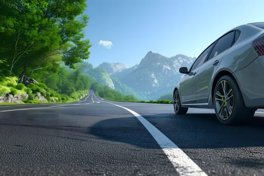 White car traveling with a mountain road at summer day. Neural network generated in January 2024. Not based on any actual scene or pattern.