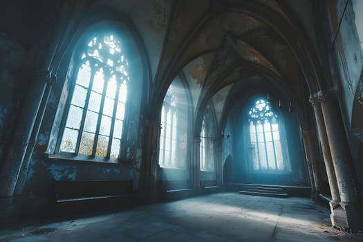 Dark gothic abandoned ancient chapel hall interior with tall windows and columns, foggy and empty. Neural network generated in January 2024. Not based on any actual scene or pattern.