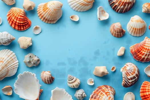 Seashells, pebbles, mockup on blue background. Blank, top view, still life, flat lay. Sea vacation travel concept tourism and resorts. Summer holidays. Neural network generated in January 2024. Not based on any actual scene or pattern.